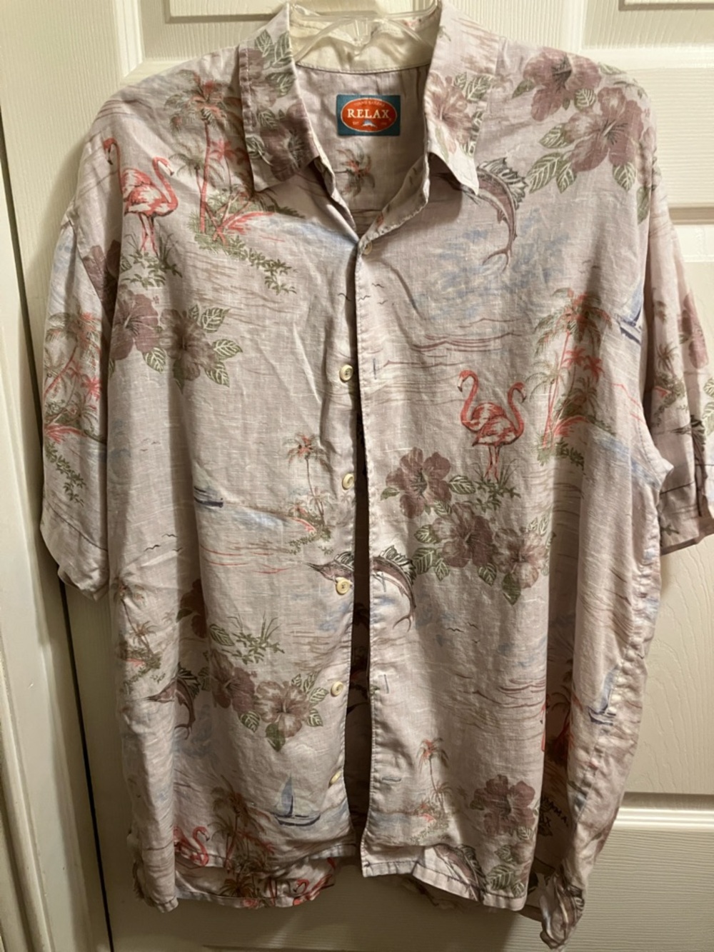 RELAX by Tommy Bahama large mens Tropical Flamingo Button-Up Shirt in Muted Pink